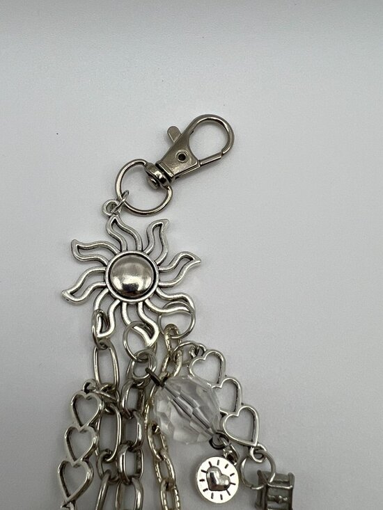 Silver Multi-Charm Bracelet With Pearls Sun Heart & Key Pendants Chain Links & L - Picture 2 of 3